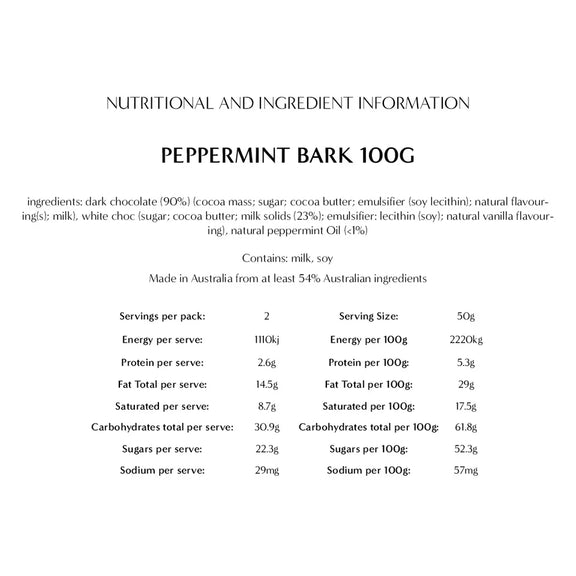 Nutritional and ingredient information for peppermint bark 100g on a white background