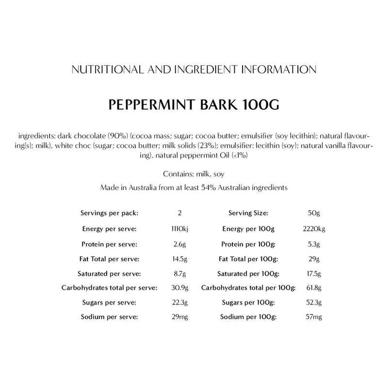 Nutritional and ingredient information for peppermint bark 100g on a white background