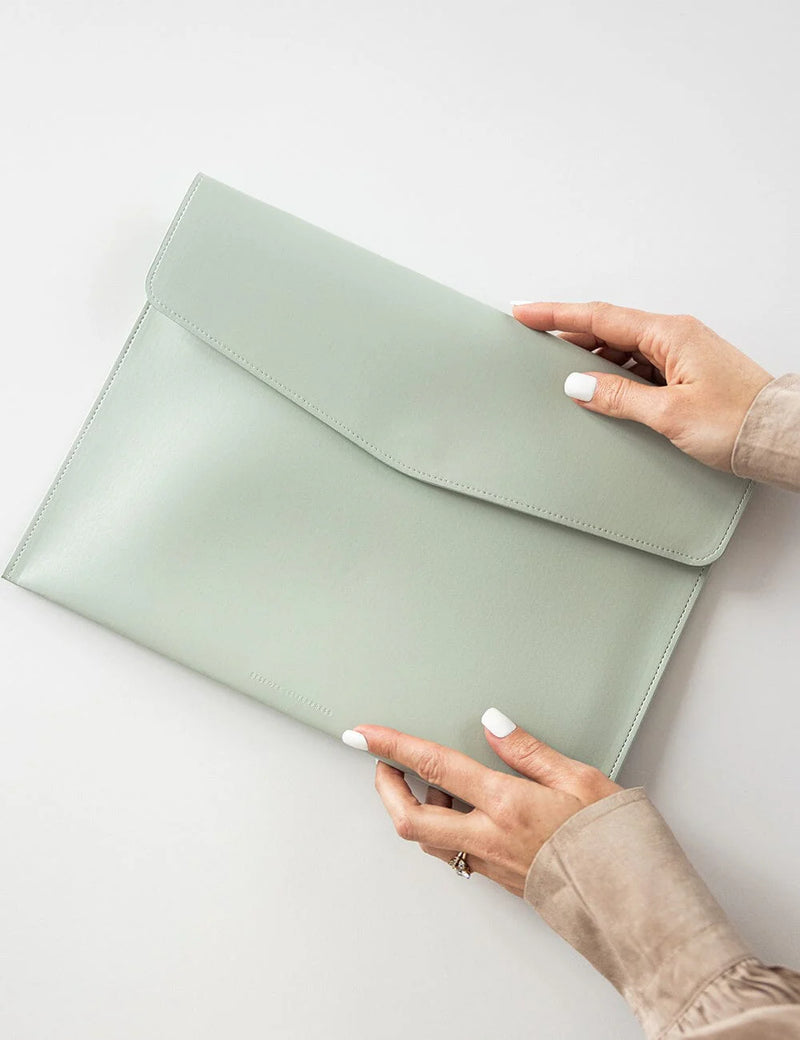 Dusk A4 document wallet in soft vegan leather with gold metal magnetic clasp.