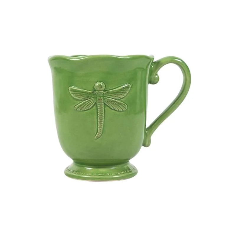 Dragonfly Stoneware Green Mug with glazed finish, collectable, french country mug.