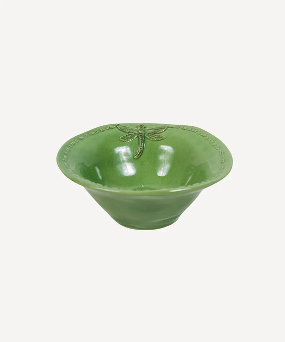 Green stoneware salt bowl with dragonfly design