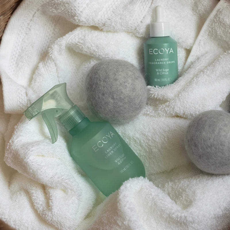 ECOYA Wild Sage and Citrus fragranced wool Dryer Ball Set for sheets, towels and laundry.