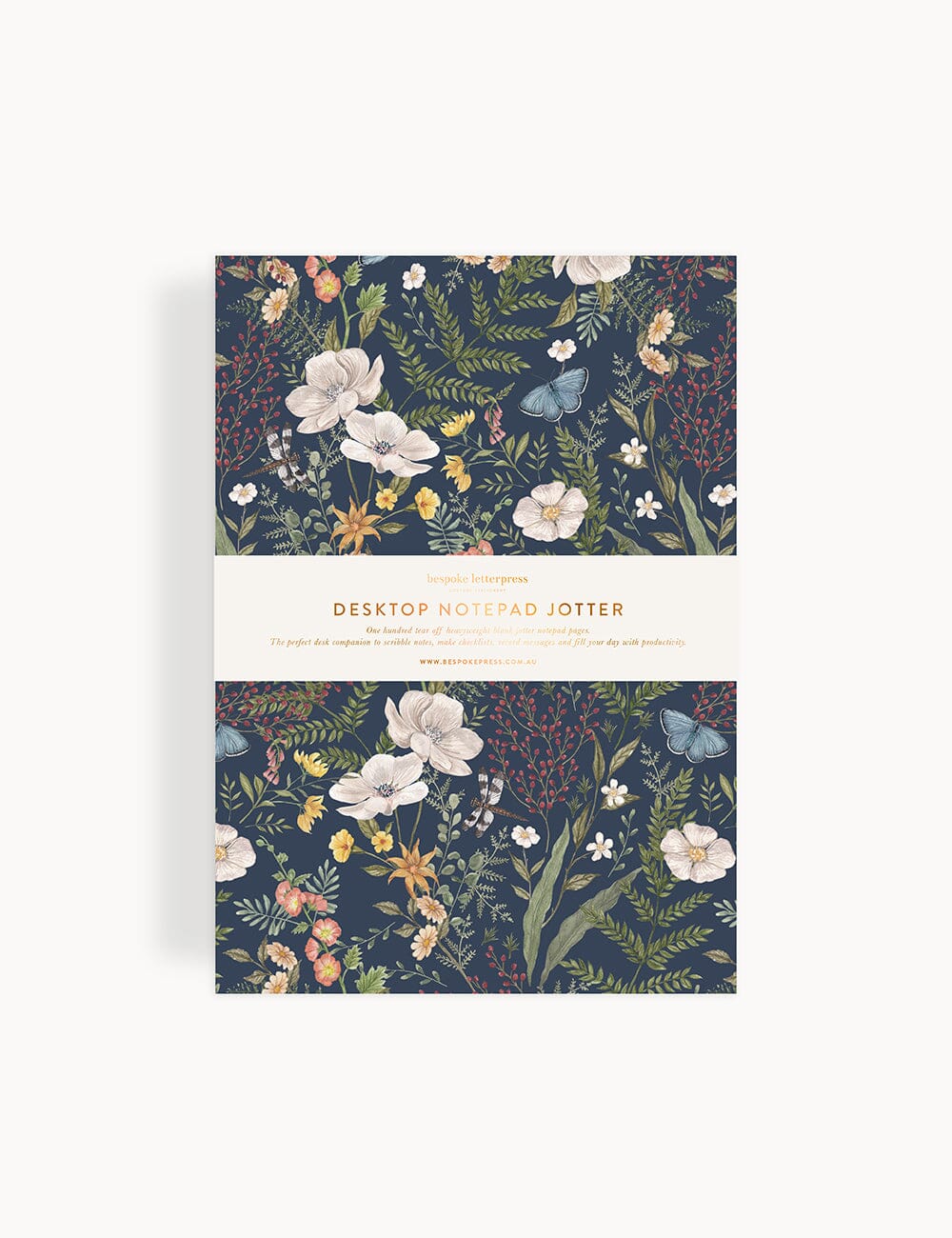 Dusk in Bloom A5 Desktop Notepad Jotter with floral artwork and gold gilded page edges.