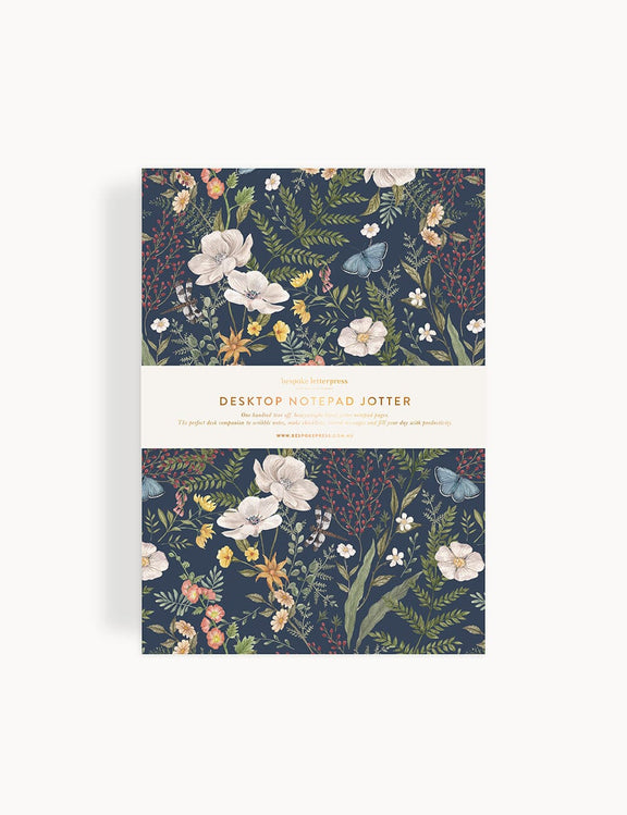 Dusk in Bloom A5 Desktop Notepad Jotter with floral artwork and gold gilded page edges.