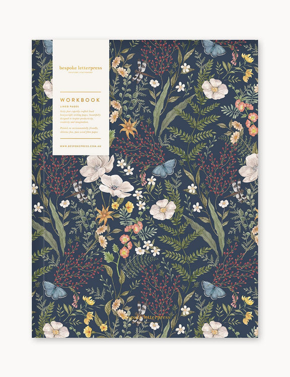 Dusk in Bloom Workbook with floral cover artwork by Vicky Lastra and gold gilded page edges.