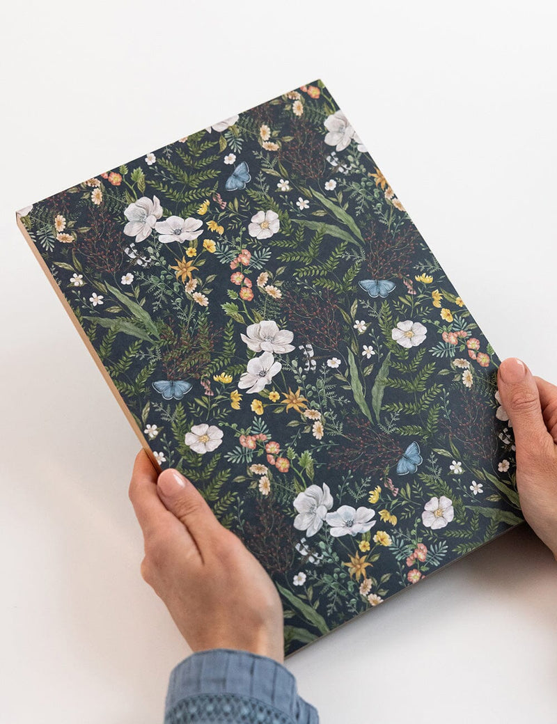 Bespoke Letterpress Dusk in Bloom A4 jumbo notepad with floral cover and gold gilded page edges.