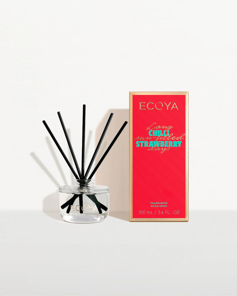 Ecoya Chilli Strawberry Mini Diffuser – Holiday Collection in glass vessel with reeds