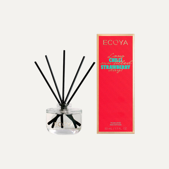Ecoya Chilli Strawberry Mini Diffuser – Holiday Collection in glass vessel with reeds