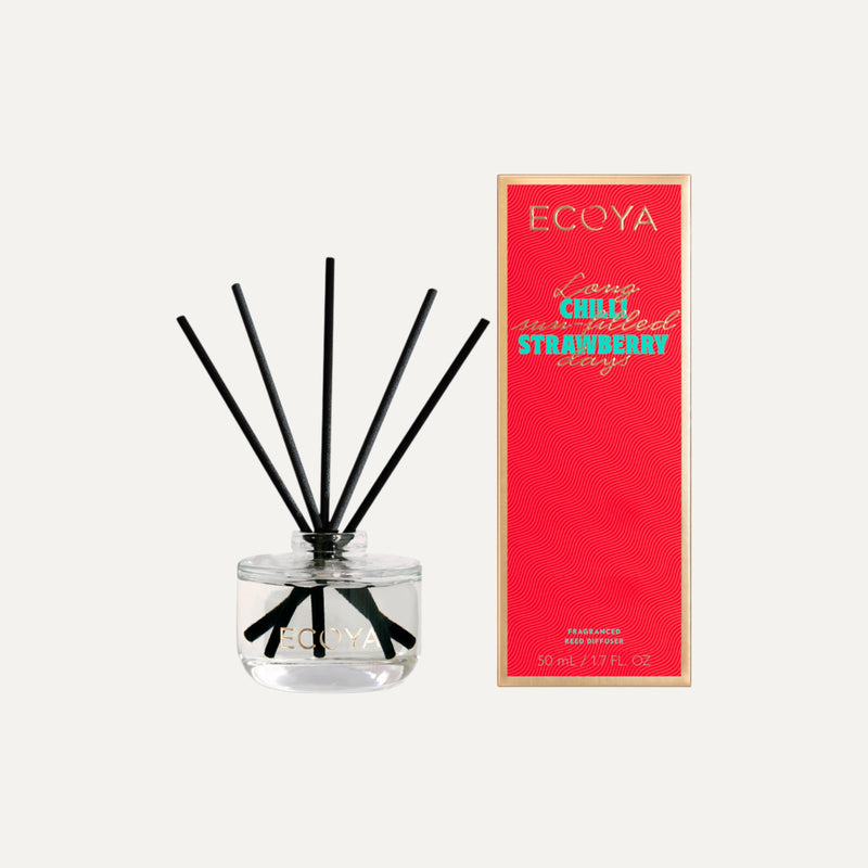 Ecoya Chilli Strawberry Mini Diffuser – Holiday Collection in glass vessel with reeds
