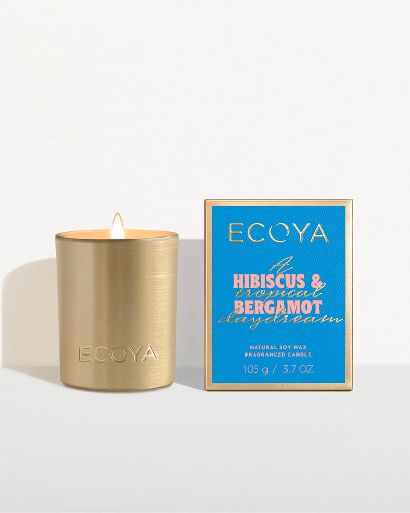 Ecoya Hibiscus & Bergamot Mini Goldie Candle – Holiday Collection in brushed gold vessel