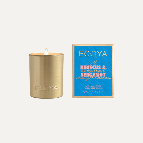 Ecoya Hibiscus & Bergamot Mini Goldie Candle – Holiday Collection in brushed gold vessel