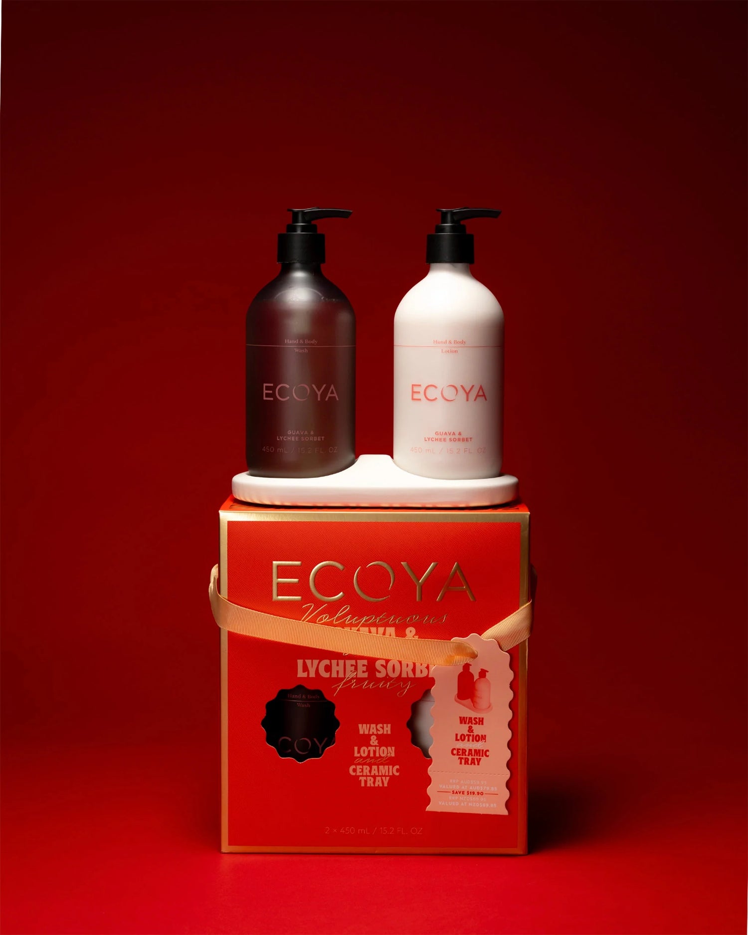 Holiday Collection Ecoya bathroom set with ceramic tray in Guava & Lychee Sorbet fragrance