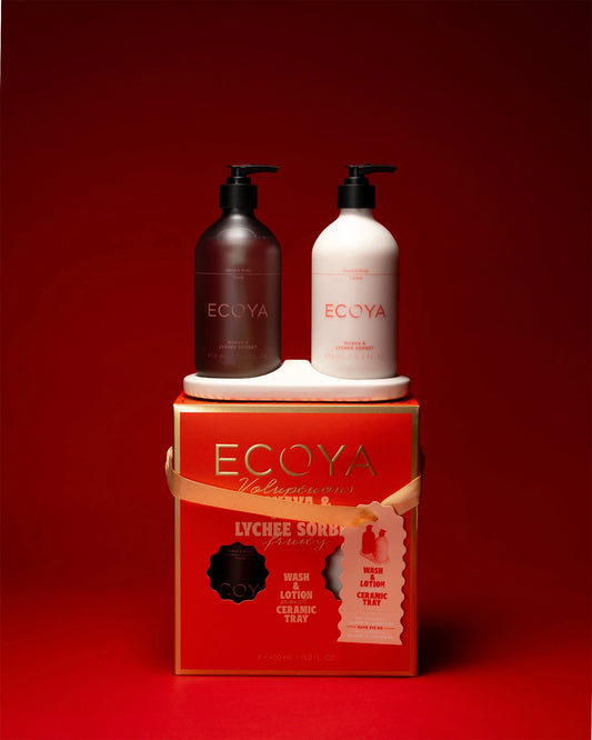 Holiday Collection Ecoya bathroom set with ceramic tray in Guava & Lychee Sorbet fragrance
