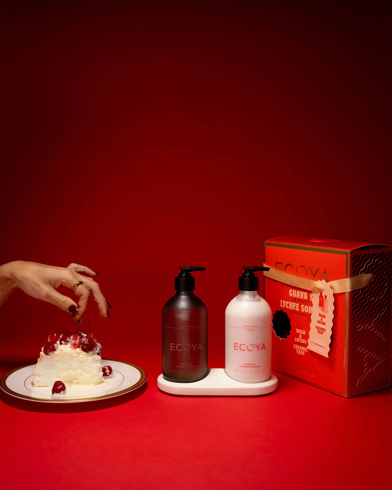 Ecoya Hand & Body Wash and Lotion in Guava & Lychee Sorbet – festive Christmas packaging