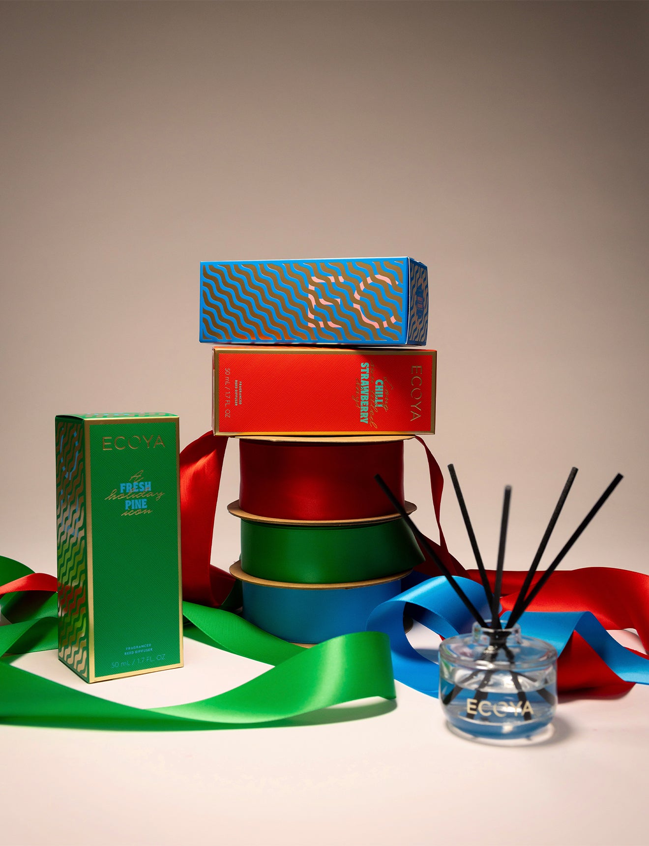 Close-up of Ecoya Fresh Pine Holiday Collection mini diffuser packaging