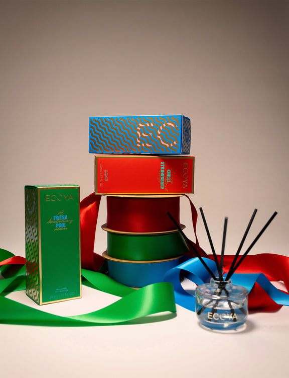 Close-up of Ecoya Fresh Pine Holiday Collection mini diffuser packaging