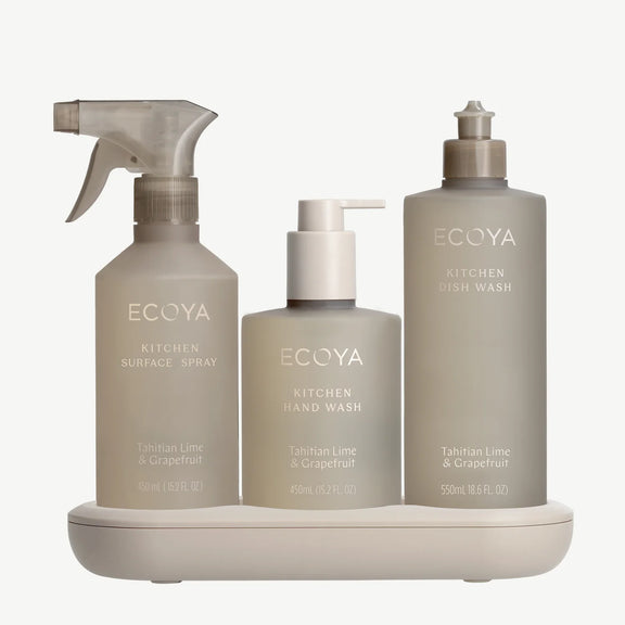 ECOYA citrus kitchen set featuring Surface Spray, Hand Wash, Dish Wash and holder tray.
