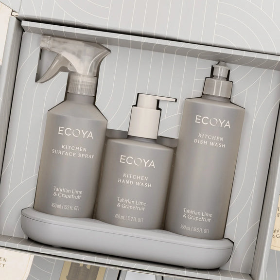 ECOYA Kitchen Collection Tahitian Lime and Grapefruit sink-side set with three coordinated bottles and tray.