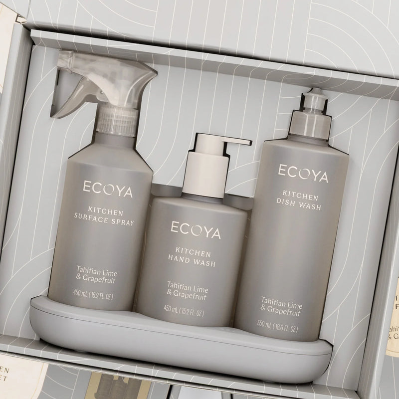 ECOYA Kitchen Collection Tahitian Lime and Grapefruit sink-side set with three coordinated bottles and tray.