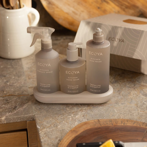 ECOYA Tahitian Lime and Grapefruit Kitchen Set with Surface Spray, Hand Wash, Dish Wash and matching holder tray.