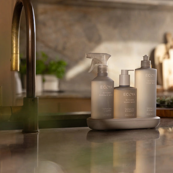 ECOYA Tahitian Lime and Grapefruit Kitchen Set with Surface Spray, Hand Wash, Dish Wash and matching holder tray.