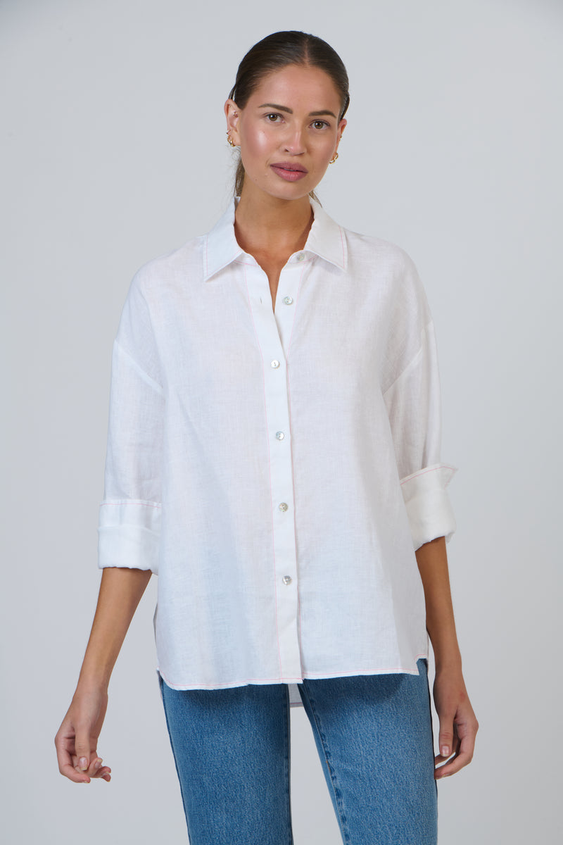 Boyfriend Shirt White with Pink Trim