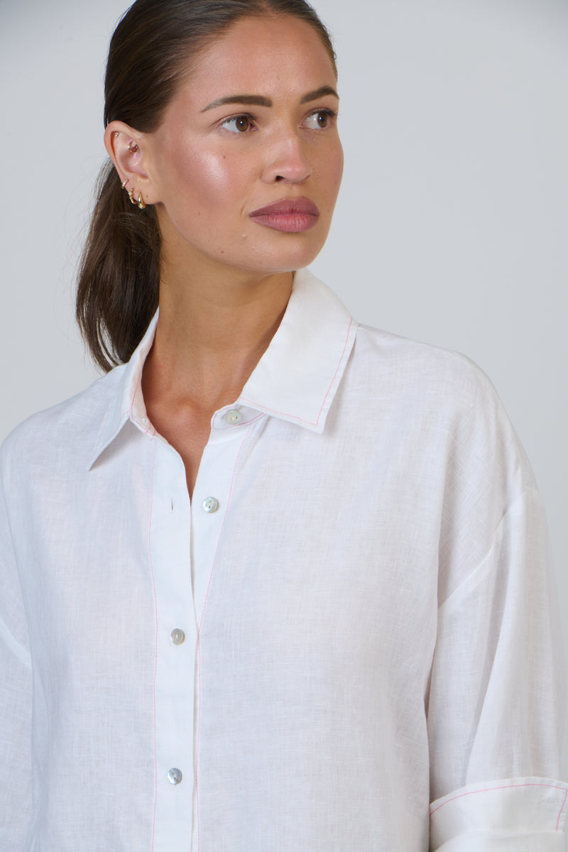 Boyfriend Shirt White with Pink Trim