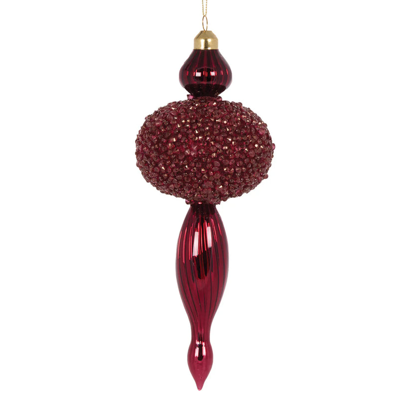 Round beaded burgundy glass Christmas finial – elegant festive hanging ornament. red Christmas tree decoration.