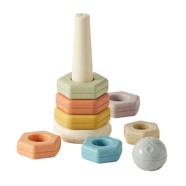 Eco-friendly baby hexagon stacker toy in soft pastel colours for toddlers 