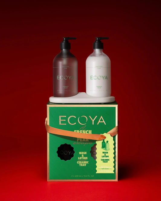 Ecoya Holiday Collection bathroom set with ceramic tray and French Pear fragrance