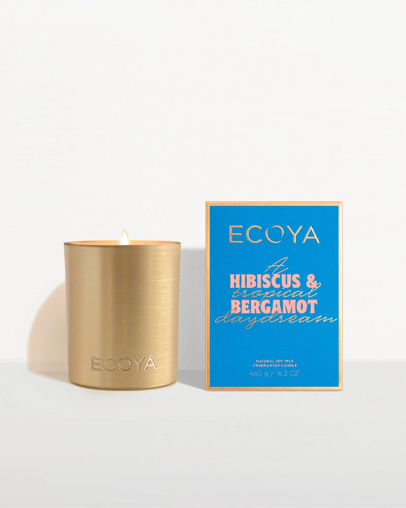 Ecoya Hibiscus & Bergamot Goldie Candle – Holiday Collection in brushed gold vessel