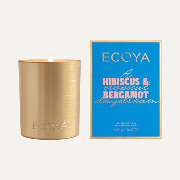 Ecoya Hibiscus & Bergamot Goldie Candle – Holiday Collection in brushed gold vessel