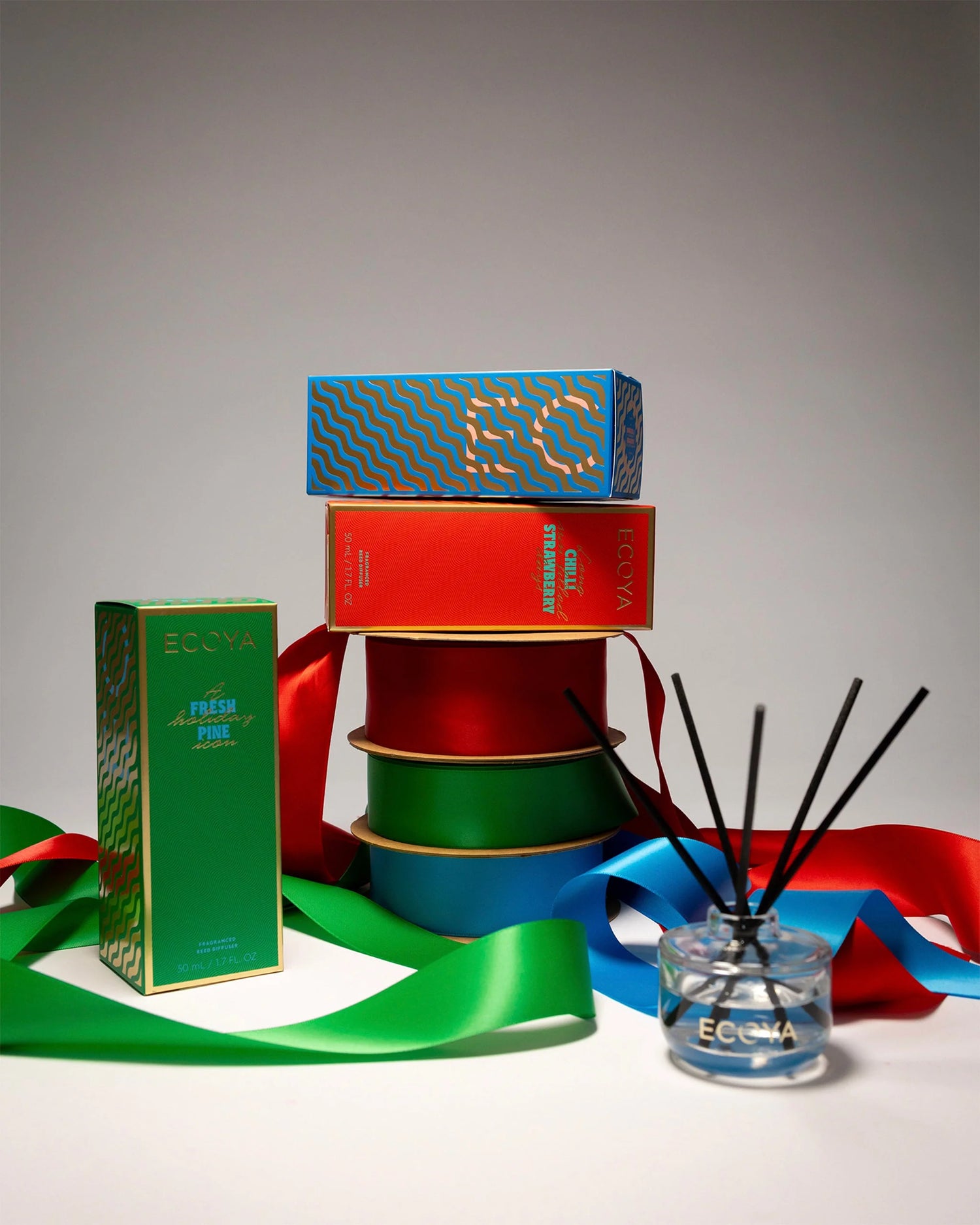 Limited edition Christmas Ecoya Hibiscus & Bergamot Mini Diffuser with glass vessel and reeds