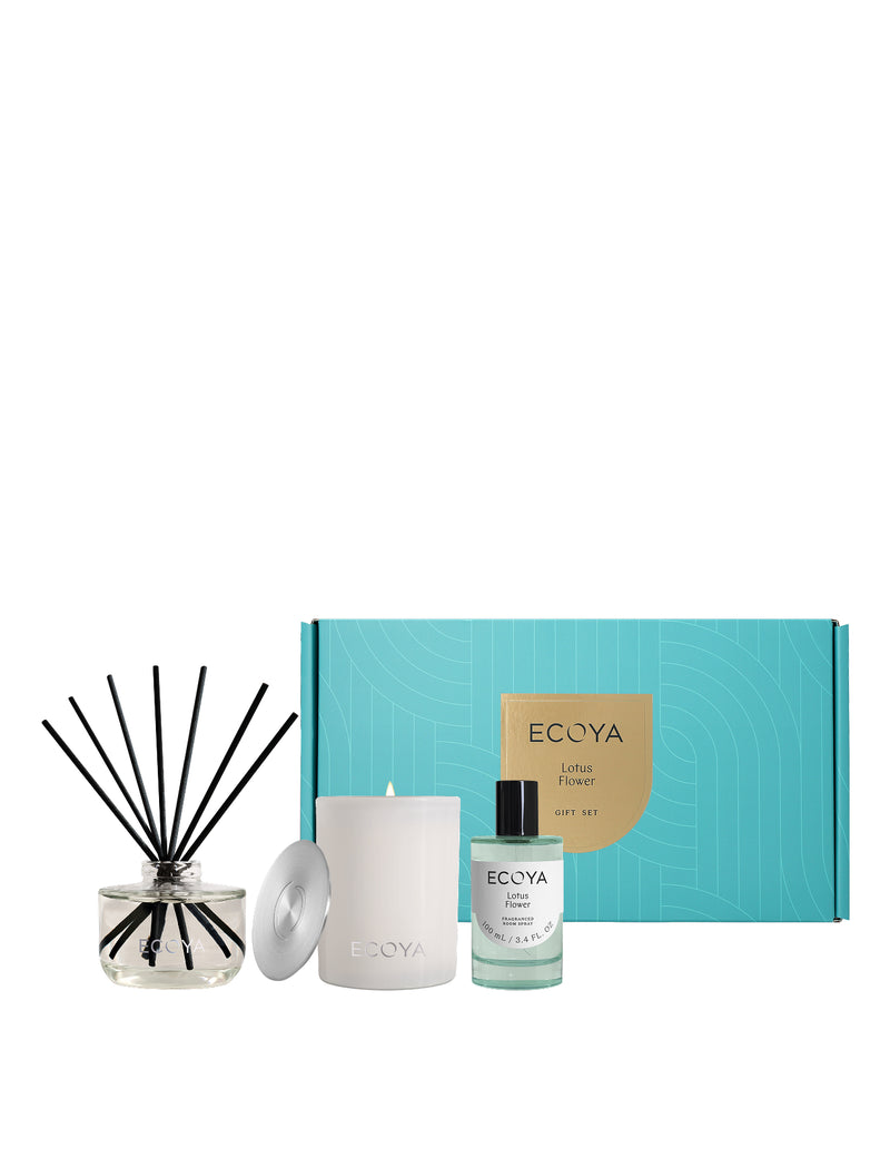 Ecoya diffuser, candle, and bottle of perfume with a branded box on a white background - lotus flower gift set
