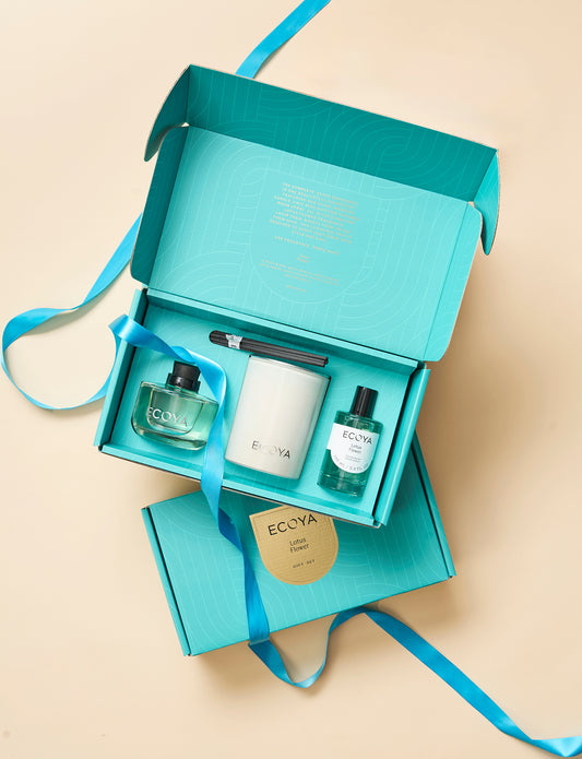 Ecoya Lotus flower gift set featuring a candle, mini reed diffuser and room spray