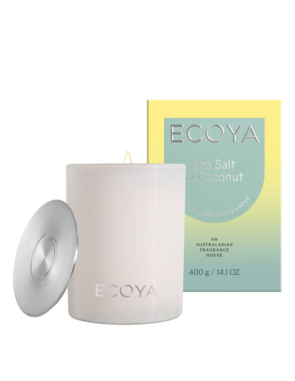 Ecoya Sea Salt and Coconut Madison soy candle in a contemporary glass jar with silver lid.