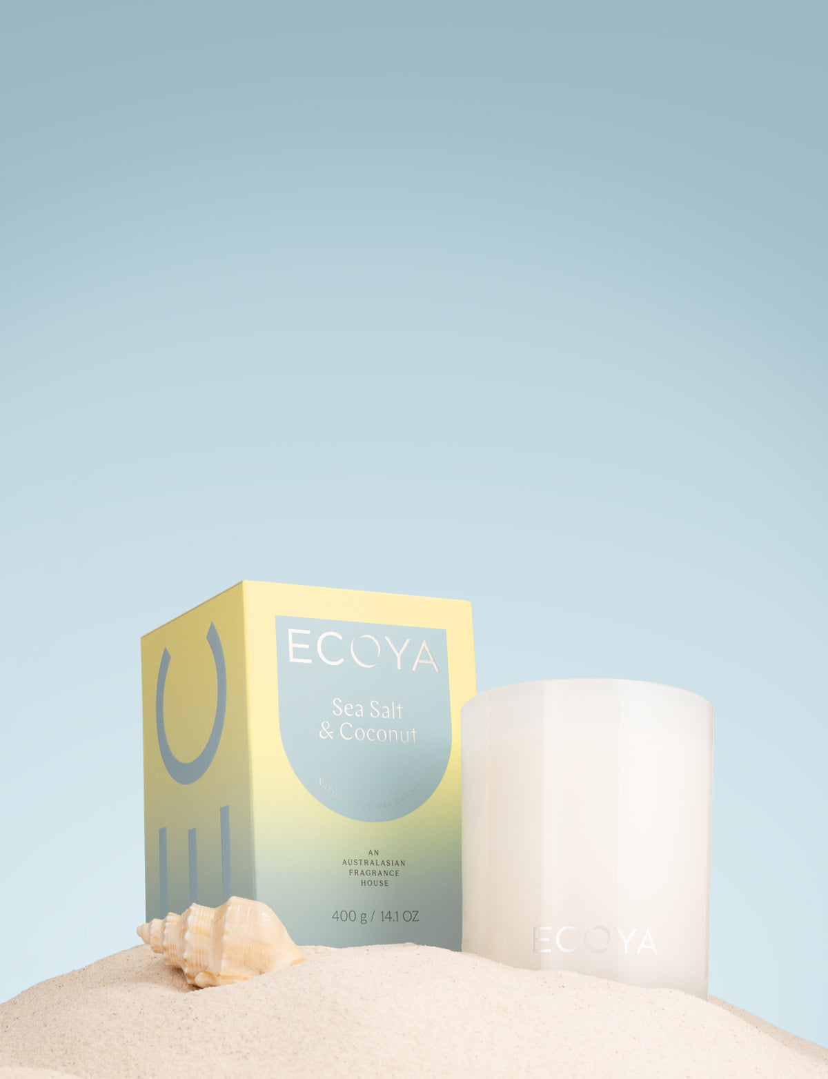 Premium 400g Ecoya Sea Salt and Coconut candle made from natural soy wax in an elegant glass vessel.