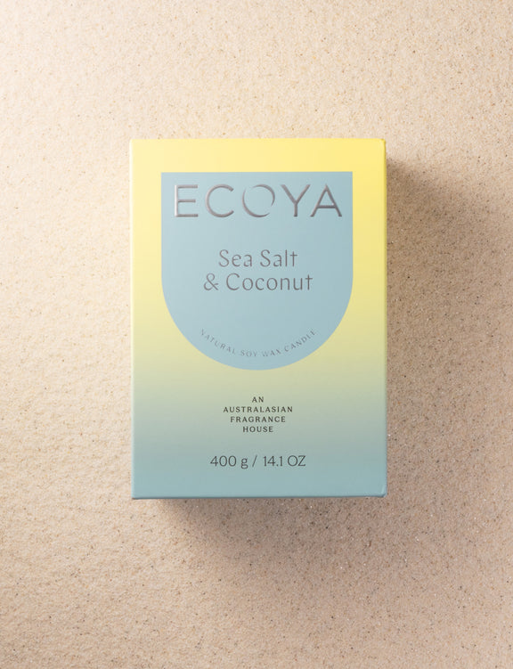 Ecoya Madison Candle featuring a floral amber Sea Salt and Coconut fragrance in a gift box.