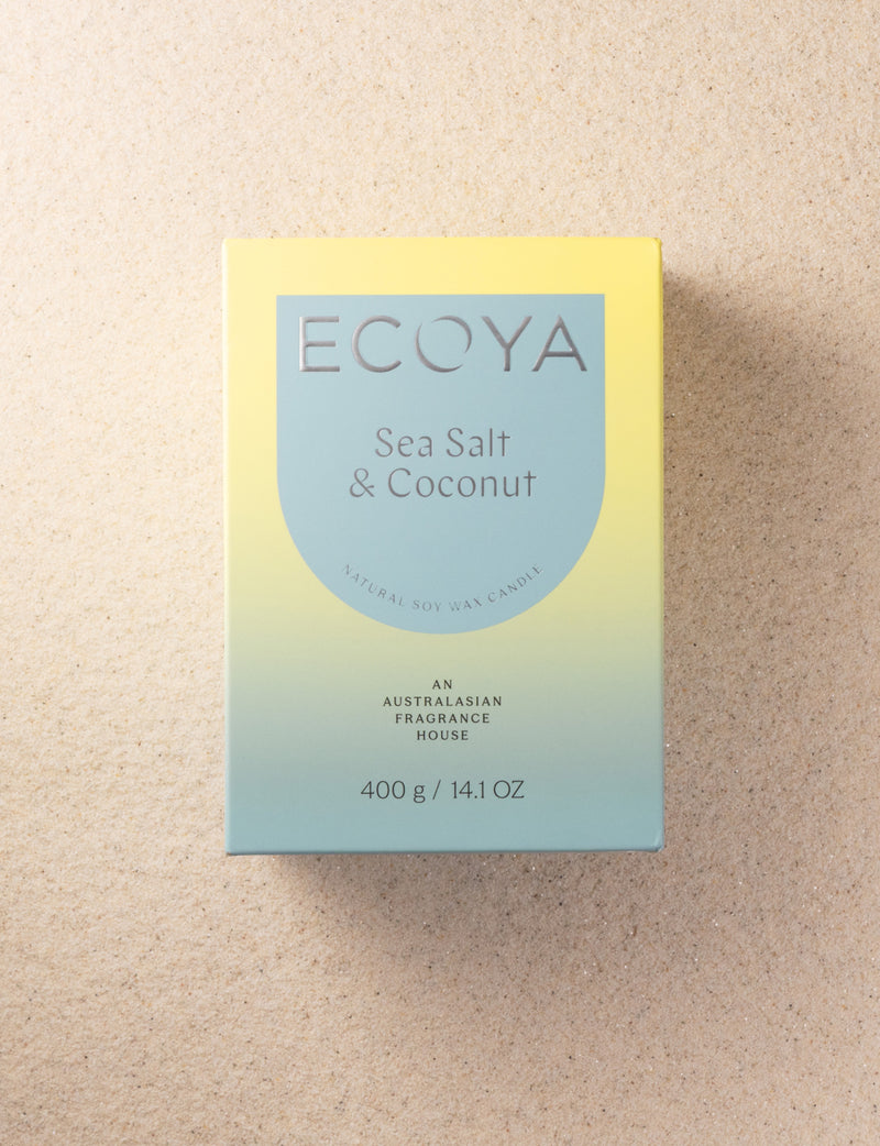 Ecoya Madison Candle featuring a floral amber Sea Salt and Coconut fragrance in a gift box.