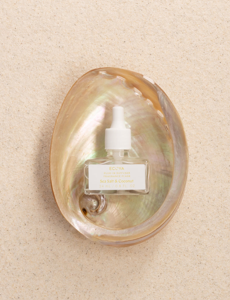 Ecoya 24ml Plug-In Fragrance Flask with Sea Salt and Coconut floral amber fragrance.