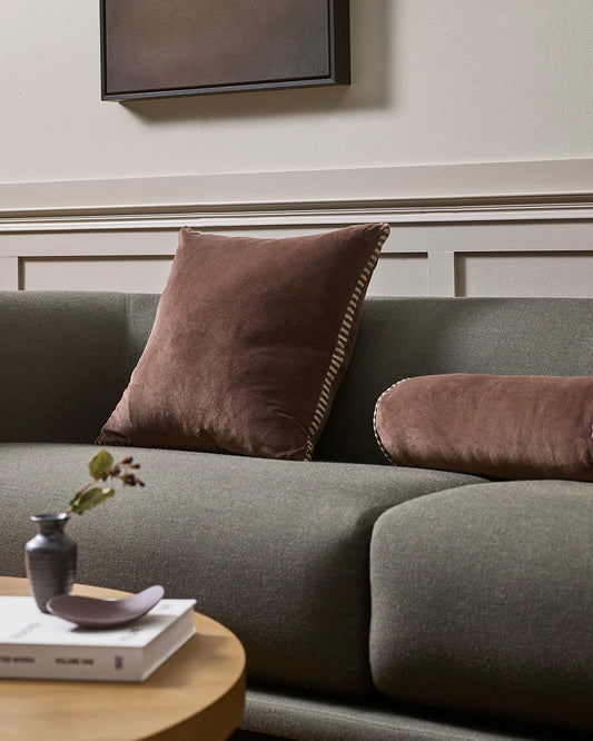 Brown cotton velvet cushion with striped linen gusset