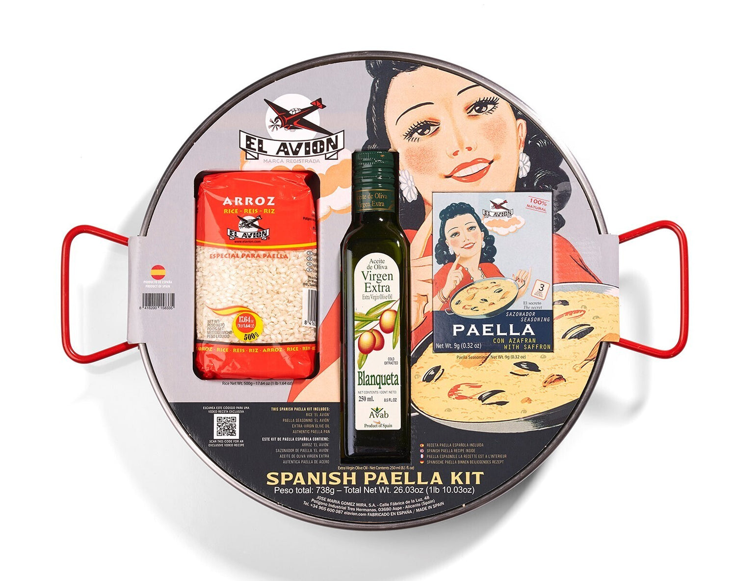 Spanish paella cooking kit with saffron seasoning and carbon steel pan.