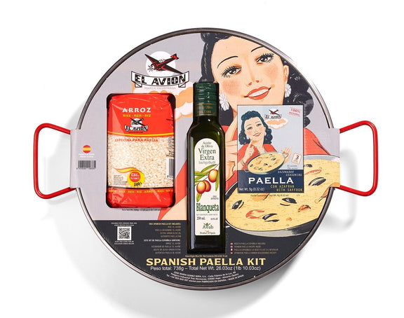 Spanish paella cooking kit with saffron seasoning and carbon steel pan.