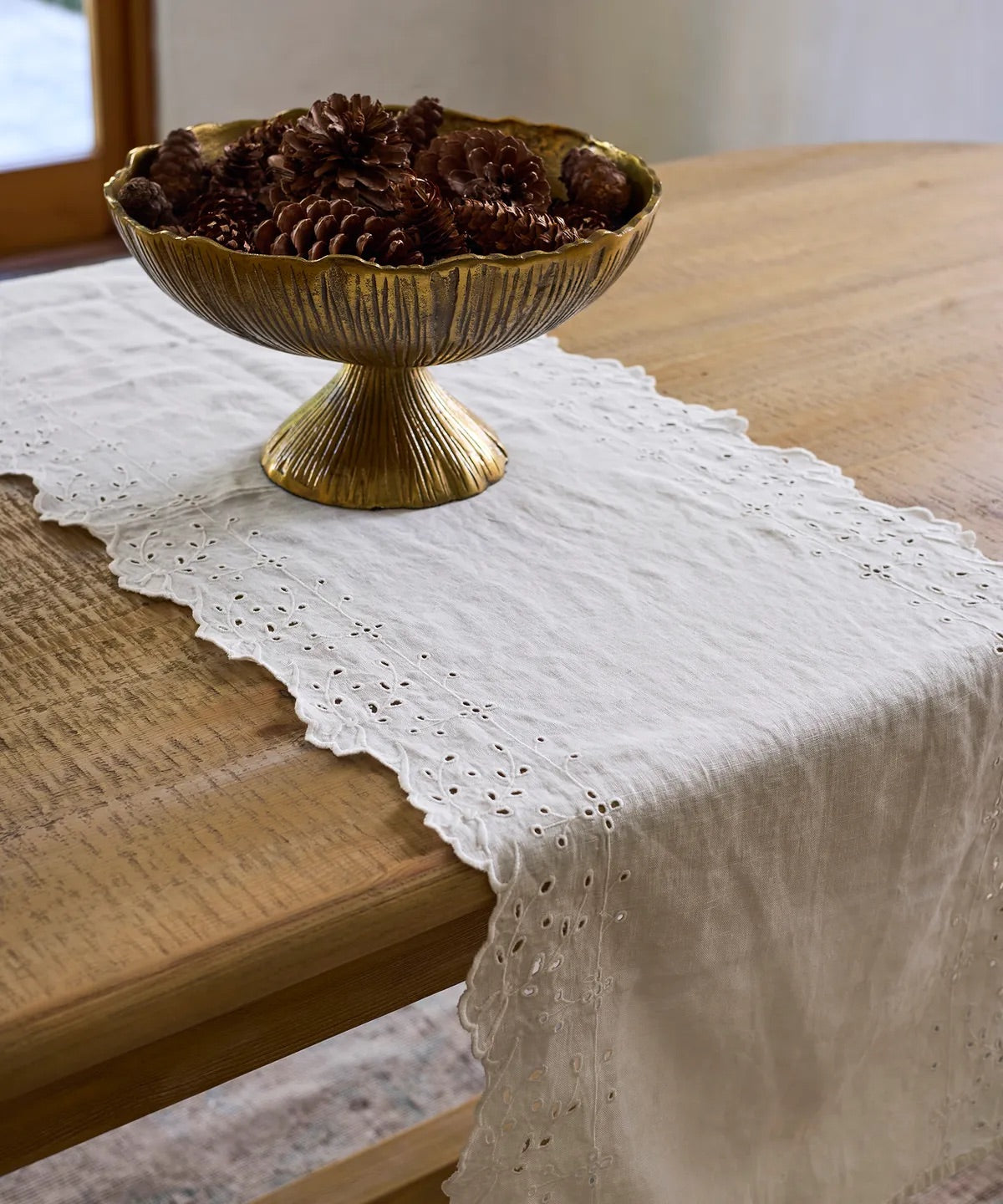 Embroidered White Linen Table Runner – elegant holiday dining décor