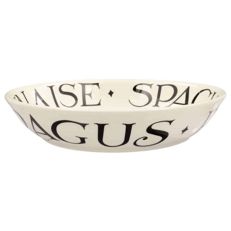 English earthenware pasta bowl with Black Toast typography.