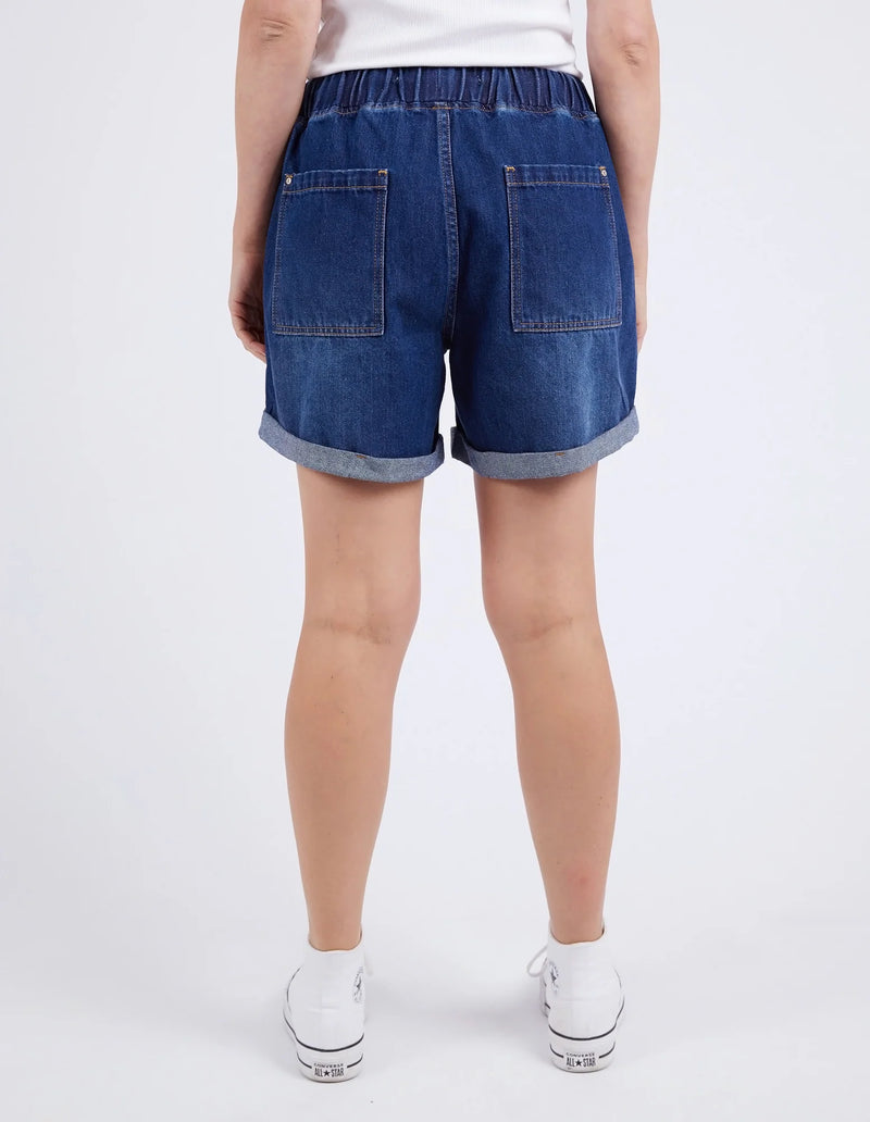 Summer wardrobe staple dark blue denim shorts view from behind

