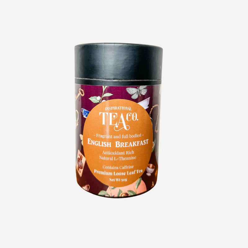 Tea canister with 'English Breakfast' label on a white background