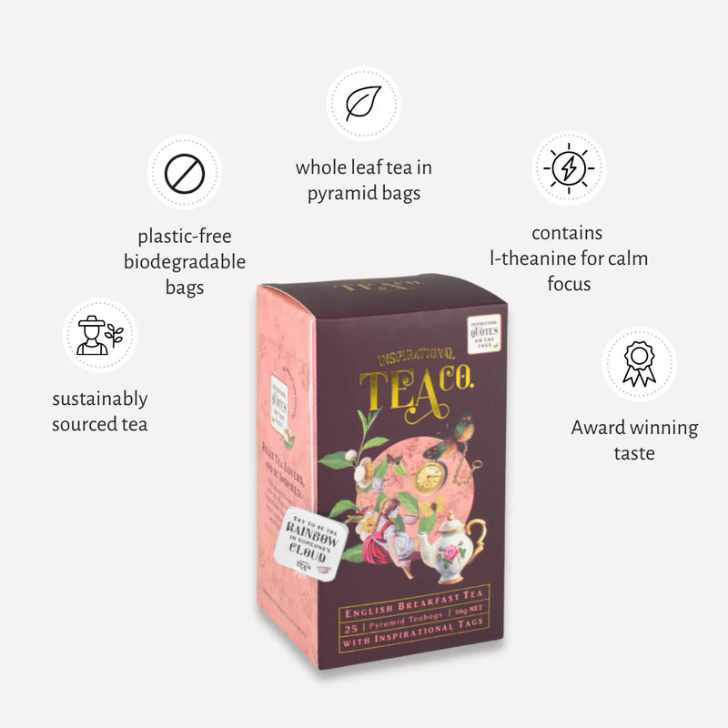 Box of tea with sustainability and product features listed on a white background