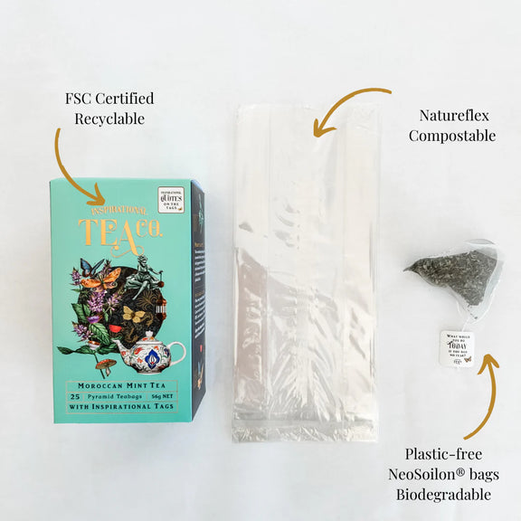 Tea packaging with FSC Certified recyclable box and Natureflex compostable tea bags on a white background.