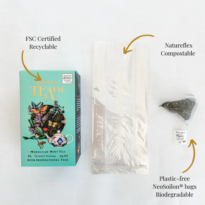 Tea packaging with FSC Certified recyclable box and Natureflex compostable tea bags on a white background.